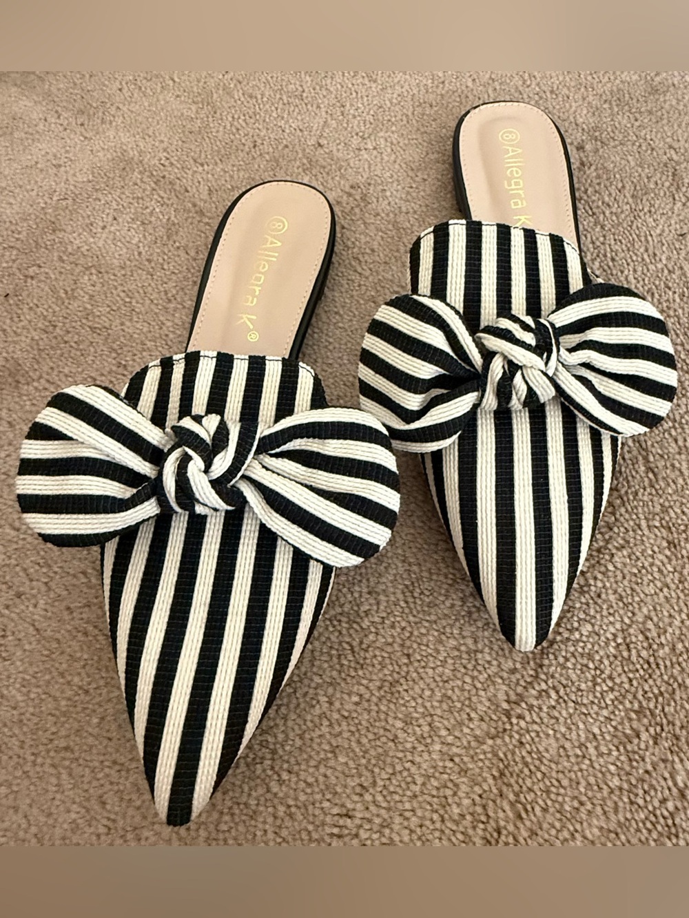 Allegra K Black & White Striped Bow Pointed Mule Slides-Sz 8